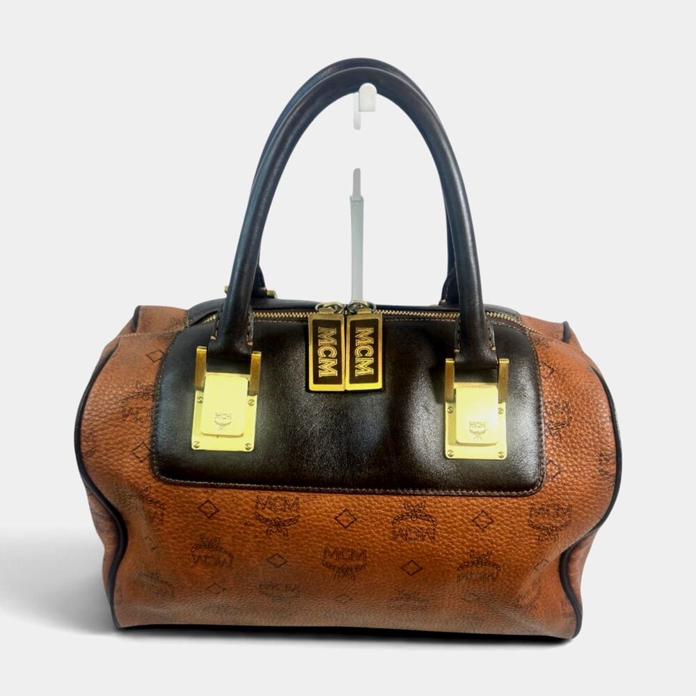 Vintage MCM Visetos Boston Bag Cognac Monogram Satchel Leather